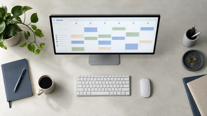 Styled flat-lay of a scheduled-meetings calendar view on a monitor on a clean background, clean even studio light, generous negative space for overlaid text