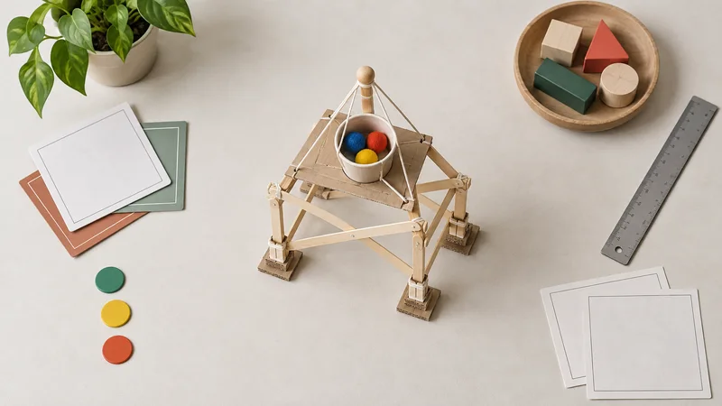 Styled flat-lay of a completed design-challenge prototype on a table on a clean background, clean even studio light, generous negative space for overlaid text
