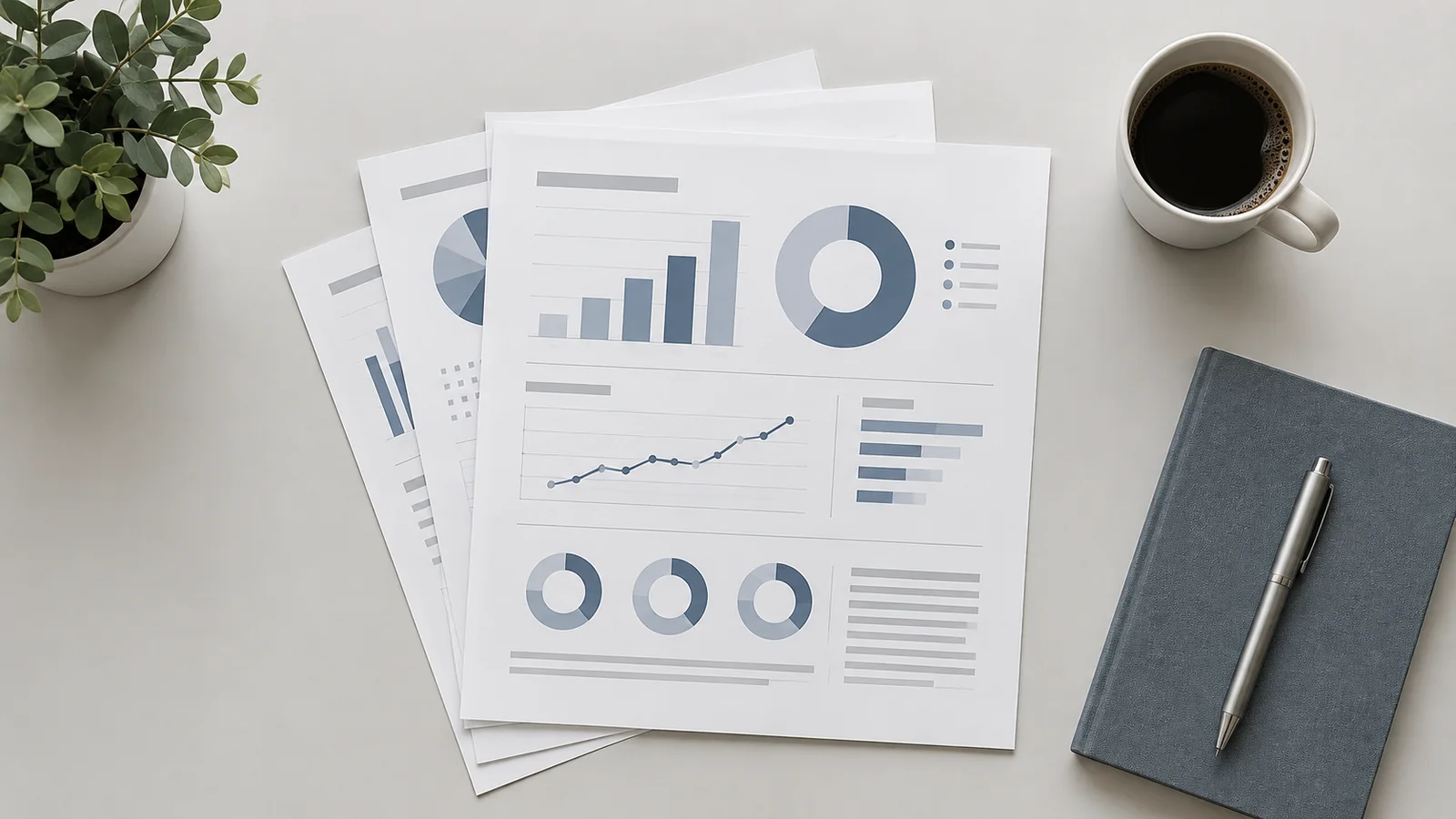 Styled flat-lay of an outbound campaign report deck on a desk on a clean background, soft studio light, generous negative space for overlaid text