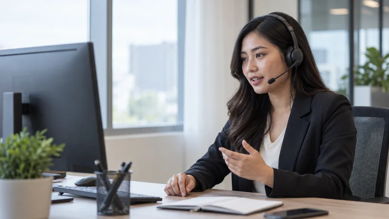 A sales development representative with a headset at a desk making an outbound cold call while wearing a headset, soft even indoor light