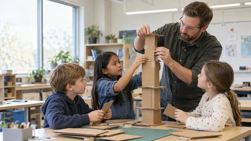 A elementary school student building with cardboard building a cardboard tower together as a group, soft even indoor light