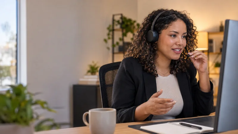 A sales development representative with a headset at a desk making an outbound cold call while wearing a headset, warm interior light