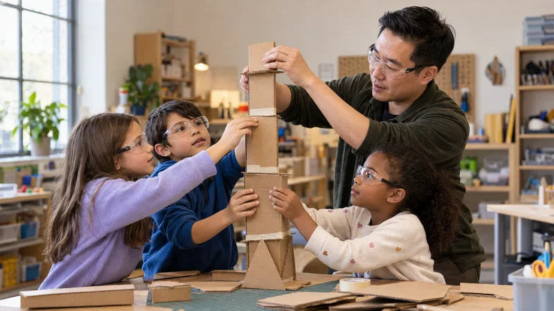 A elementary school student building with cardboard building a cardboard tower together as a group, warm interior light