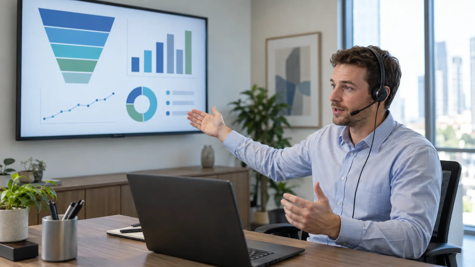 A sales development representative with a headset at a desk presenting an abstract pipeline dashboard on a wall-mounted TV, bright daylight through the windows