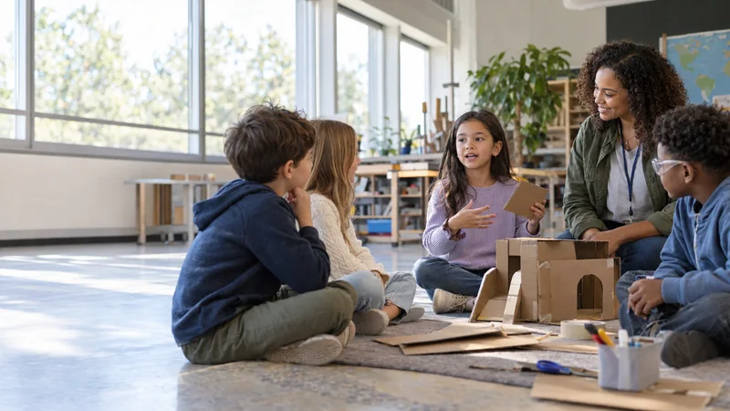 A elementary school student building with cardboard leading a morning wellbeing check-in circle, bright daylight through the windows