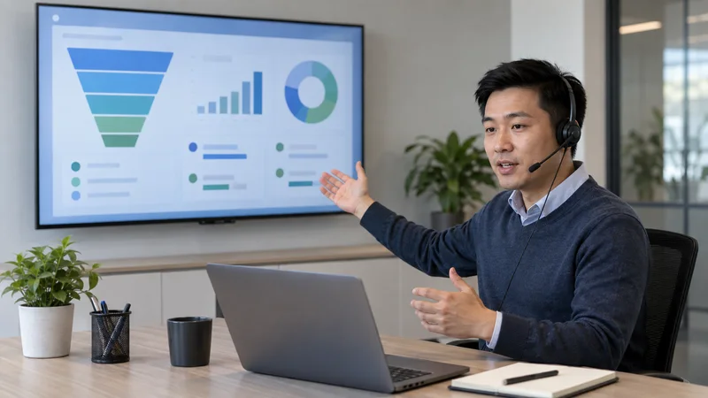 A sales development representative with a headset at a desk presenting an abstract pipeline dashboard on a wall-mounted TV, soft even indoor light