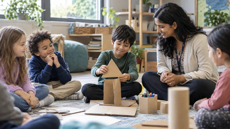 A elementary school student building with cardboard leading a morning wellbeing check-in circle, soft even indoor light