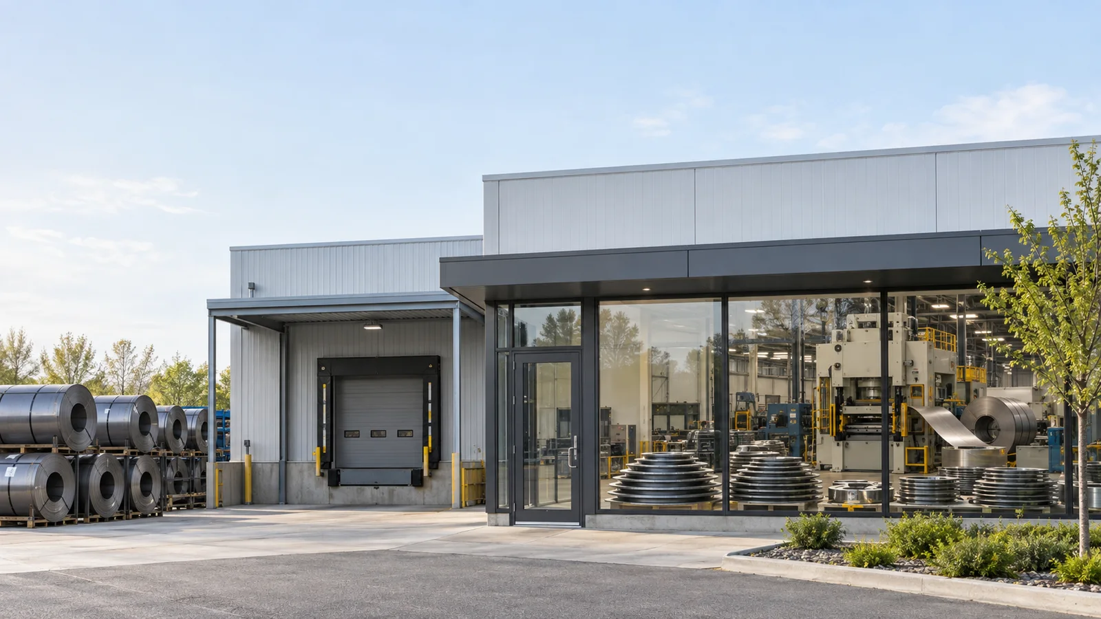 Street view of a a spring-manufacturing plant entrance with coils of spring-steel strip stacked by the loading dock, its window displaying a neat stack of disc springs nested in series with a glimpse of the disc-spring stamping floor blanking conical discs from spring-steel strip inside, soft daylight, signage space above for overlaid text