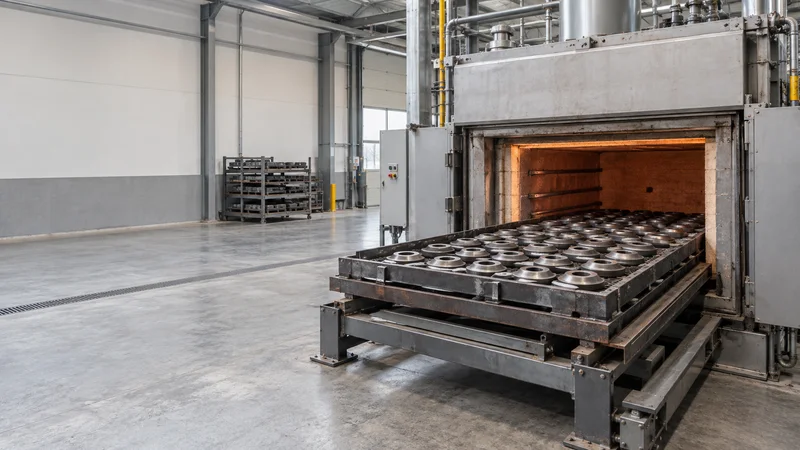 Wide interior view of a heat-treatment bay setting a batch of Belleville washers in a hardening furnace with no people, soft even indoor light, clean uncluttered foreground for text
