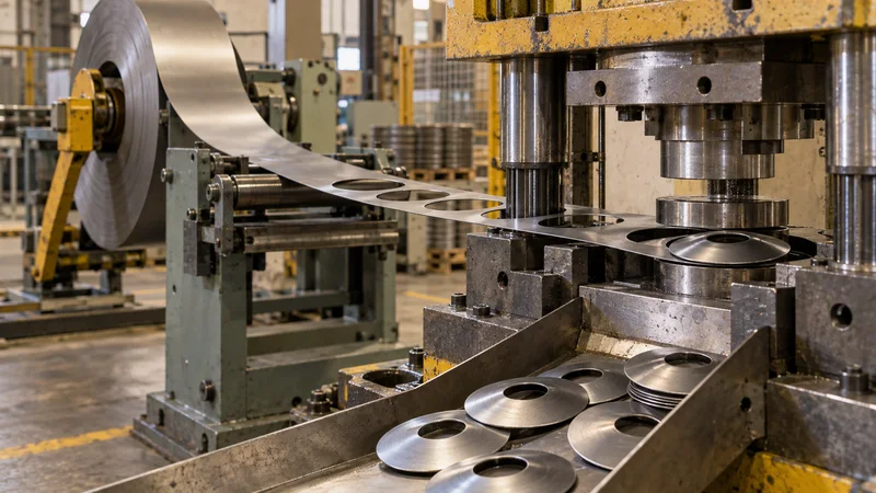 Close, clean detail of the a stamping press blanking conical disc springs from steel strip, warm interior light, no people in frame