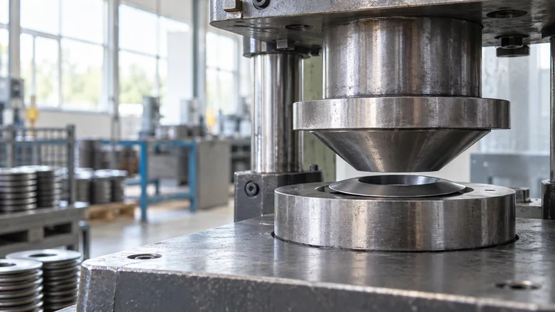 Close, clean detail of the a coning die set forming the dish of a Belleville washer, bright daylight through the windows, no people in frame