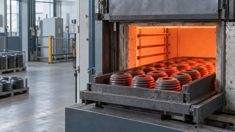 Close, clean detail of the a hardening-and-tempering furnace glowing with a disc-spring batch, soft even indoor light, no people in frame