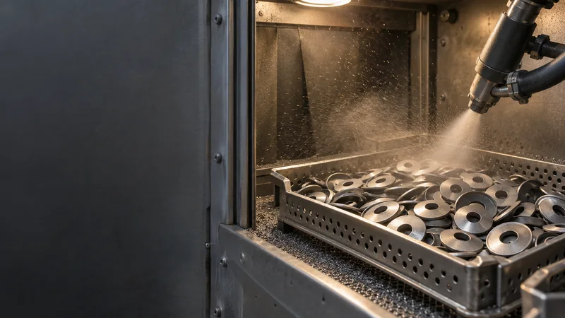 Close, clean detail of the a shot-peening cabinet blasting a tray of disc springs, warm interior light, no people in frame