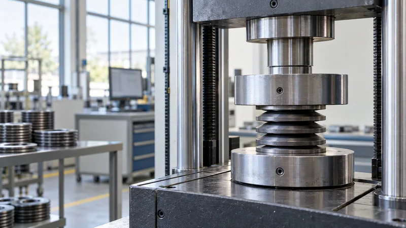 Close, clean detail of the a spring load-testing rig compressing a disc spring stack, bright daylight through the windows, no people in frame