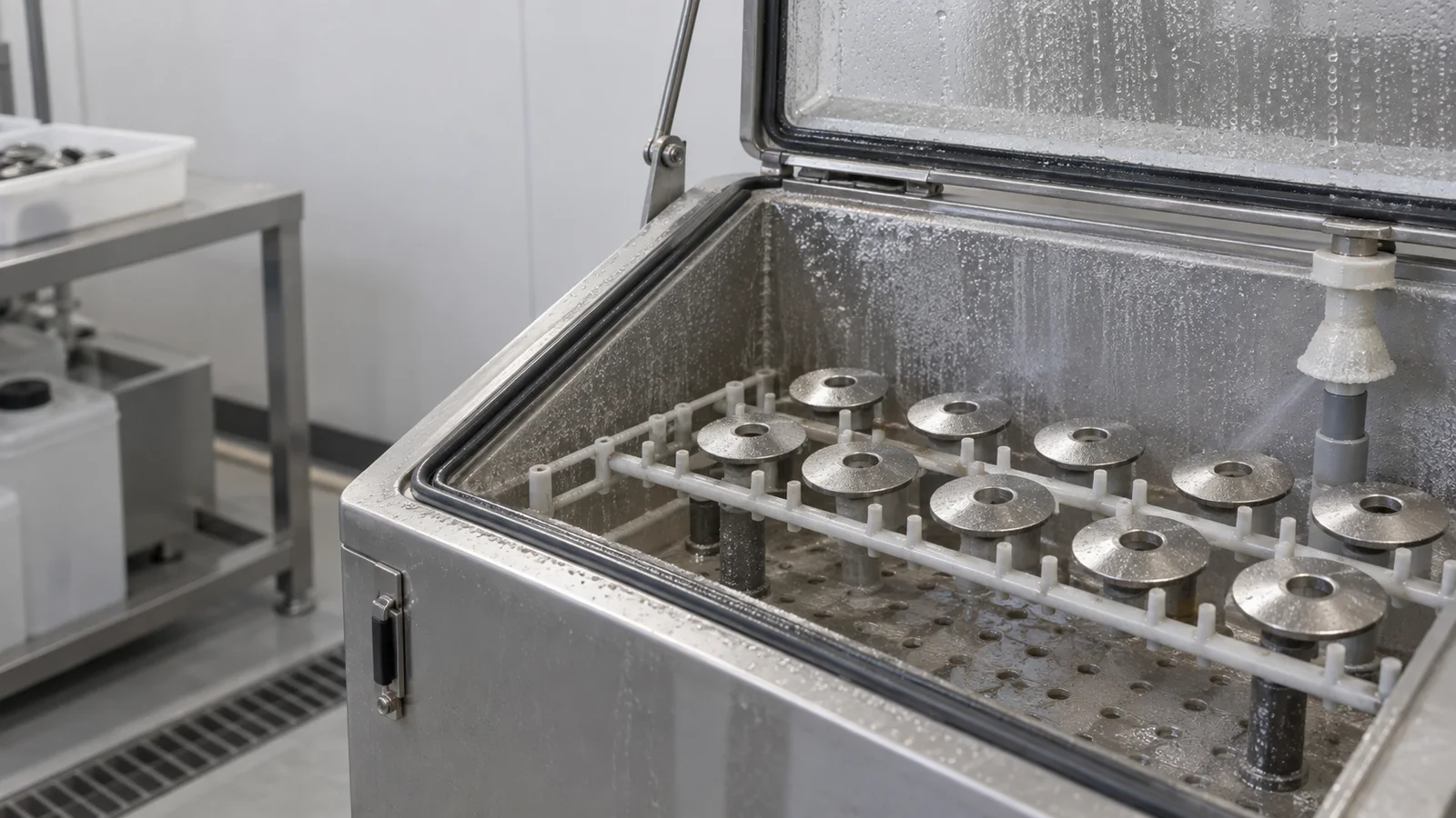 Close, clean detail of the a salt-spray corrosion test chamber holding stainless washers, soft even indoor light, no people in frame