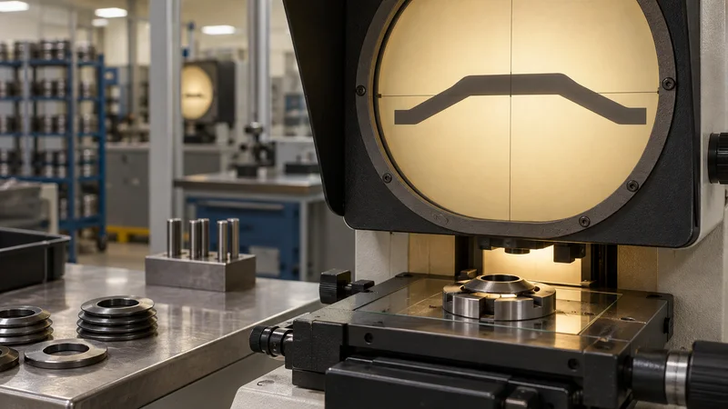 Close, clean detail of the an optical comparator measuring a Belleville washer profile, warm interior light, no people in frame