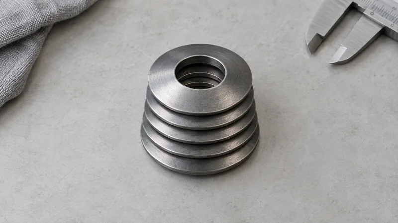 Styled flat-lay of a neat stack of disc springs nested in series on a clean background, soft studio light, generous negative space for overlaid text