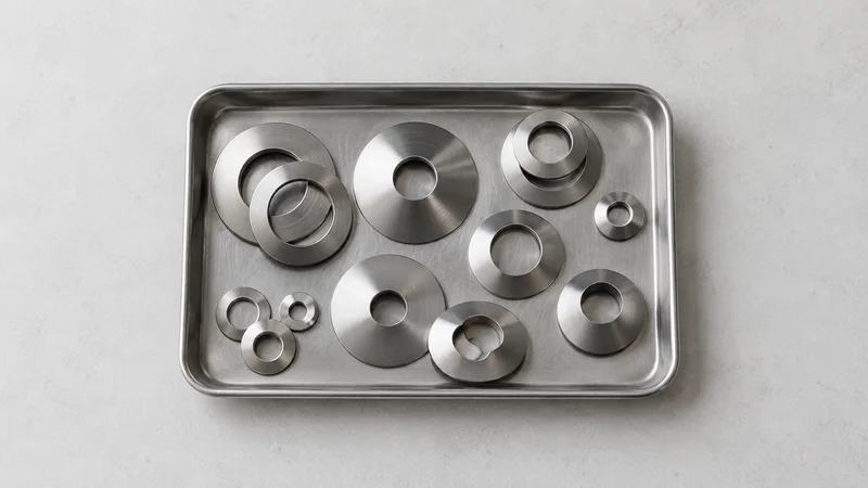 Styled flat-lay of a tray of assorted stainless Belleville washers on a clean background, clean even studio light, generous negative space for overlaid text