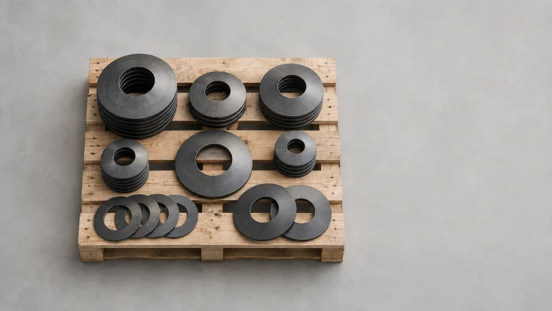 Styled flat-lay of a pallet of phosphate-finished disc springs on a clean background, soft studio light, generous negative space for overlaid text