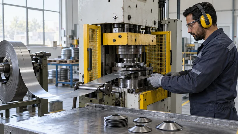 A disc-spring press operator feeding steel strip stamping a conical disc spring from spring-steel strip, bright daylight through the windows