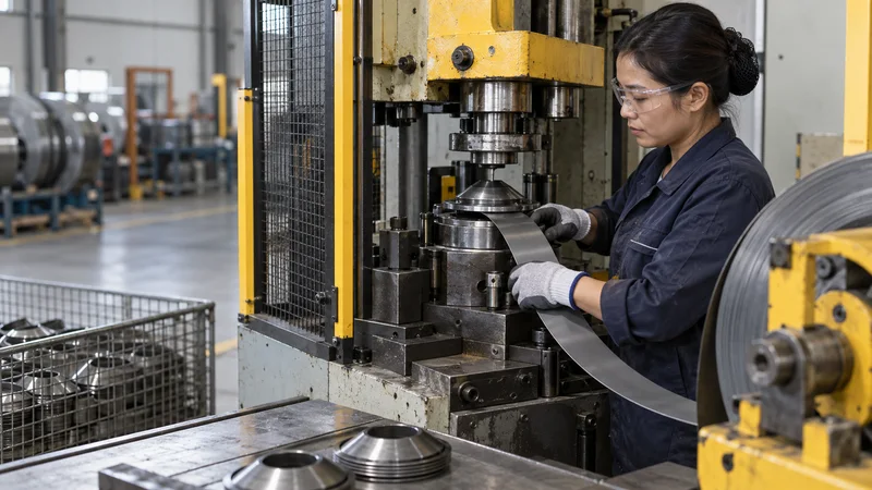 A disc-spring press operator feeding steel strip stamping a conical disc spring from spring-steel strip, soft even indoor light