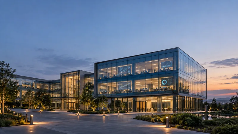 Wide establishing view of a a glass-fronted enterprise software headquarters at dusk with a lit analytics floor visible through the facade, soft daylight, open sky above for overlaid text