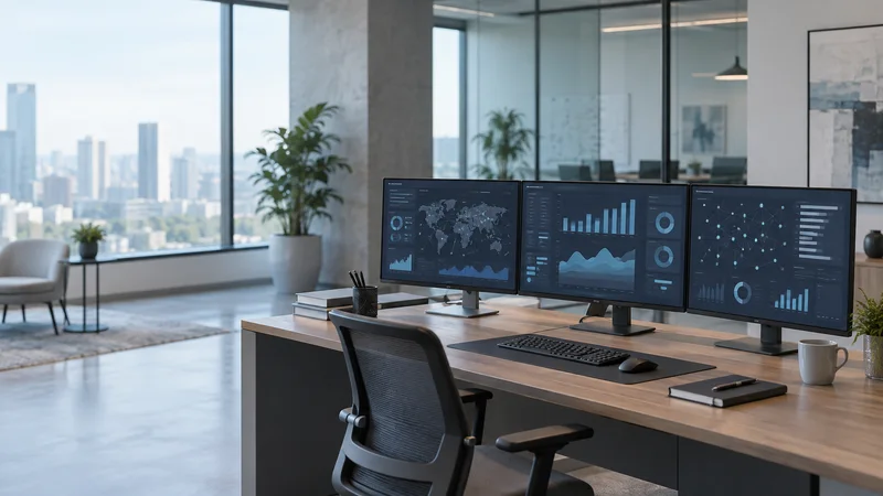 Wide interior view of a an analyst desk with multiple monitors of abstract charts with no people, soft even indoor light, clean uncluttered foreground for text