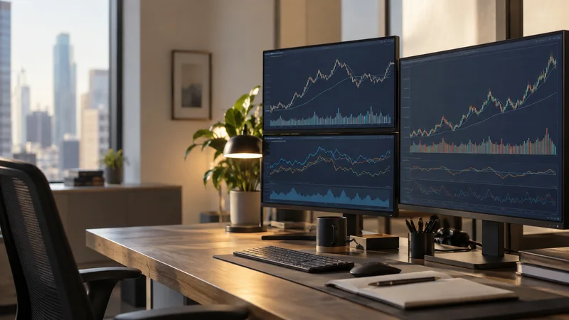 Close, clean detail of the a multi-monitor workstation showing abstract commodity price charts, warm interior light, no people in frame