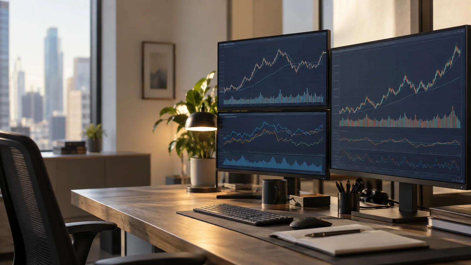 Close, clean detail of the a multi-monitor workstation showing abstract commodity price charts, warm interior light, no people in frame