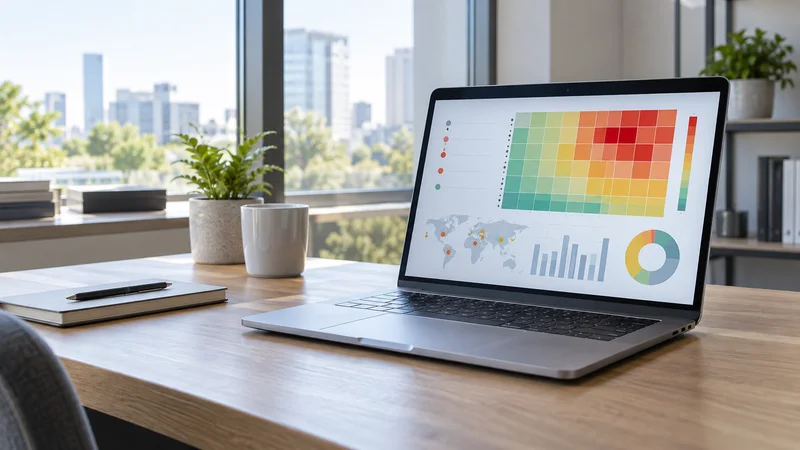 Close, clean detail of the a laptop displaying an abstract supplier-risk heatmap, bright daylight through the windows, no people in frame