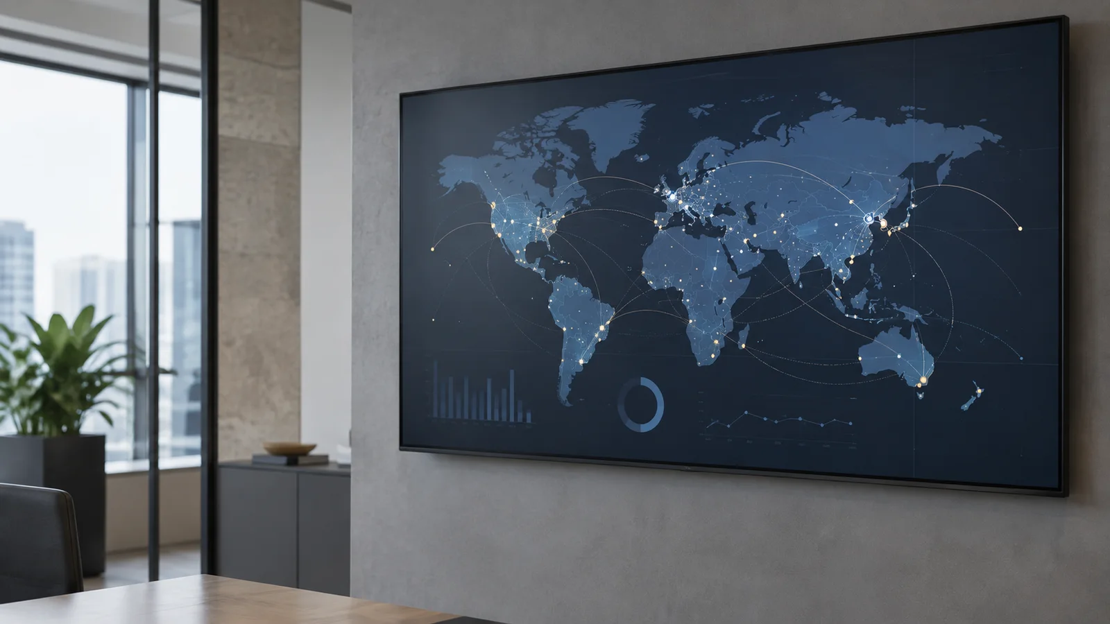 Close, clean detail of the a large wall screen of an abstract global supply-chain map, soft even indoor light, no people in frame