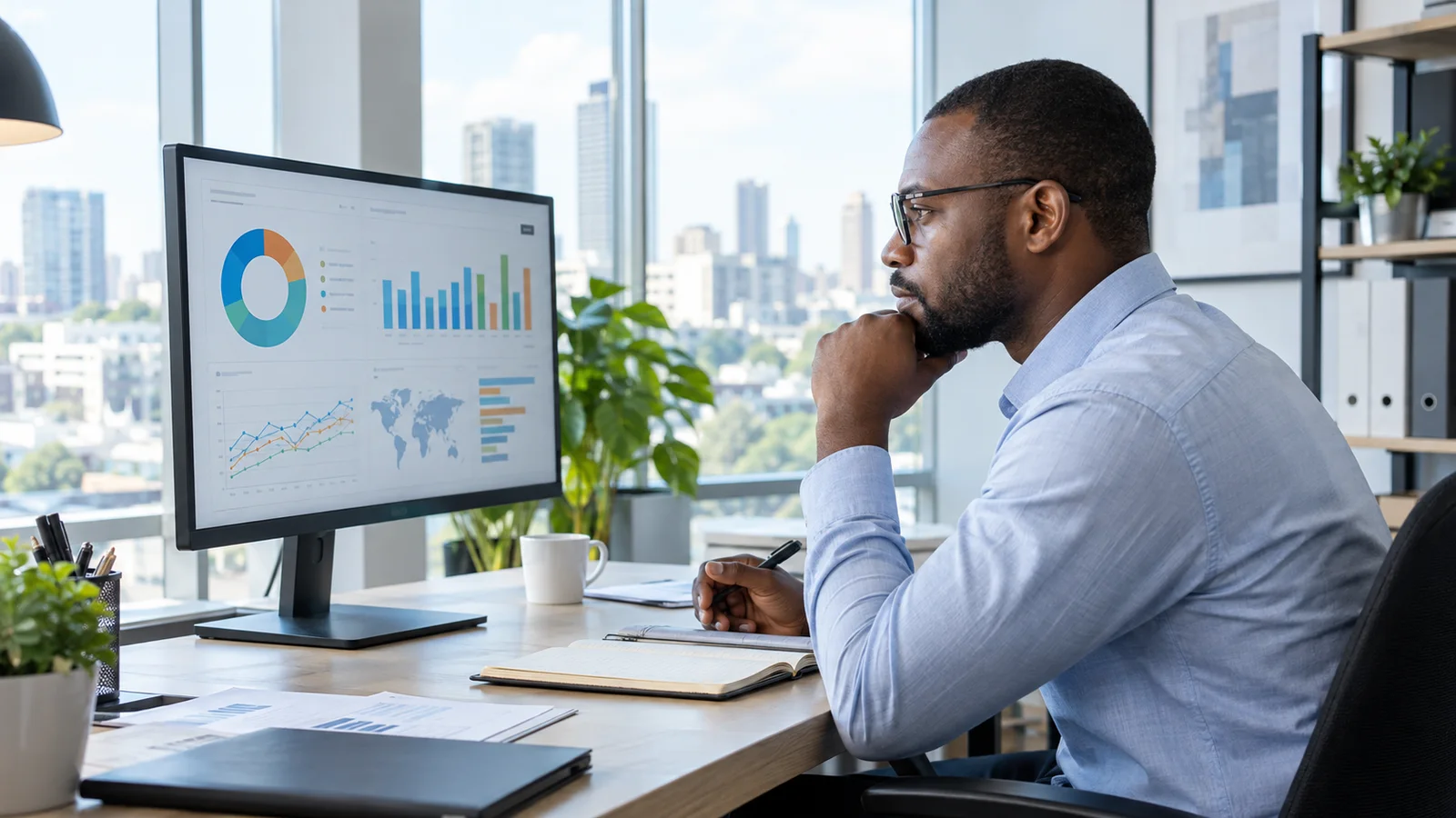 A procurement analyst studying dashboard charts analysing category spend on an abstract dashboard, bright daylight through the windows