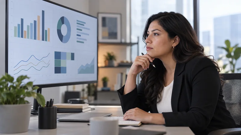 A procurement analyst studying dashboard charts analysing category spend on an abstract dashboard, soft even indoor light