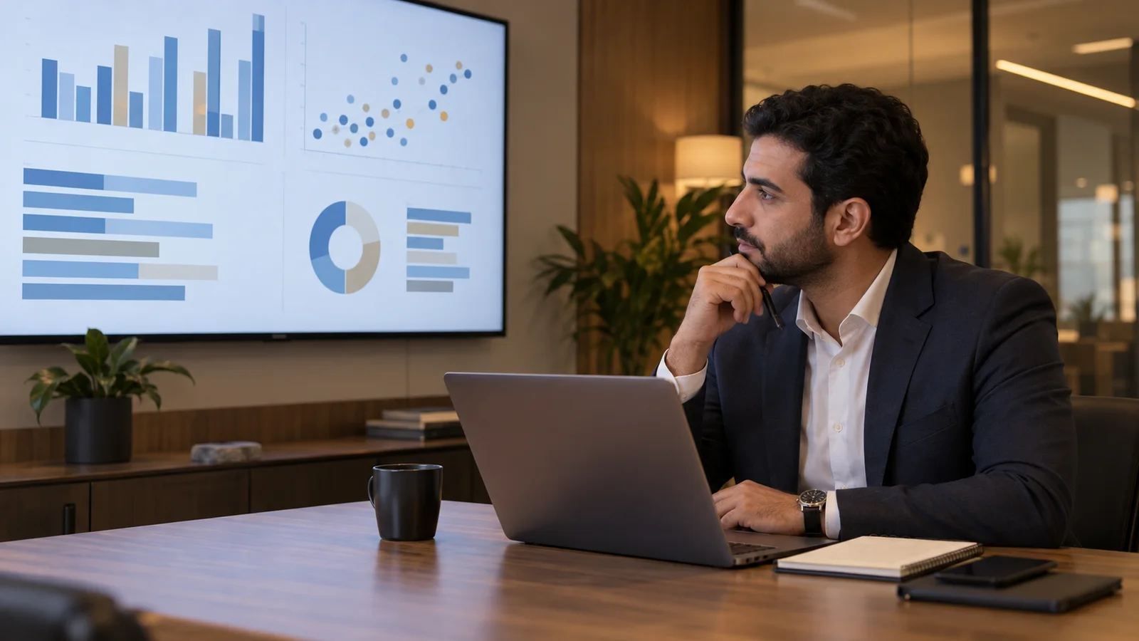 A procurement analyst studying dashboard charts benchmarking suppliers in a review meeting, warm interior light