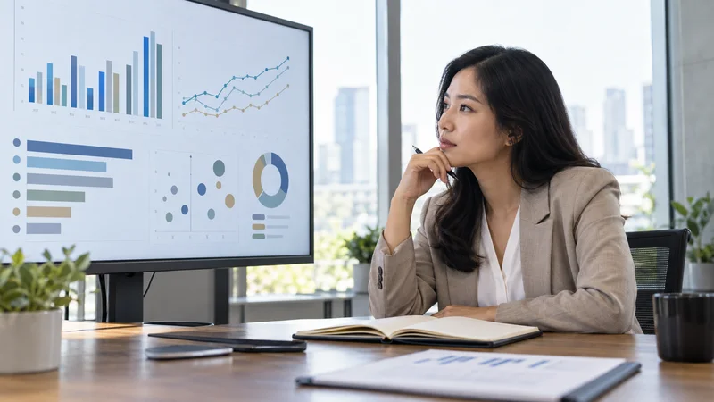 A procurement analyst studying dashboard charts benchmarking suppliers in a review meeting, bright daylight through the windows