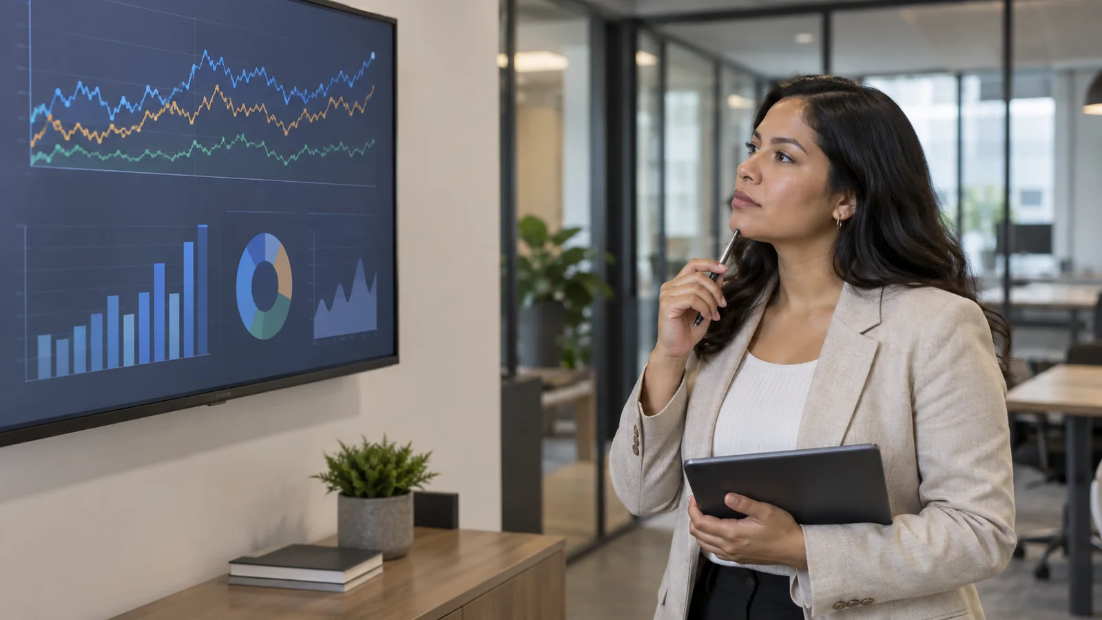 A procurement analyst studying dashboard charts tracking commodity price trends on a wall screen, soft even indoor light