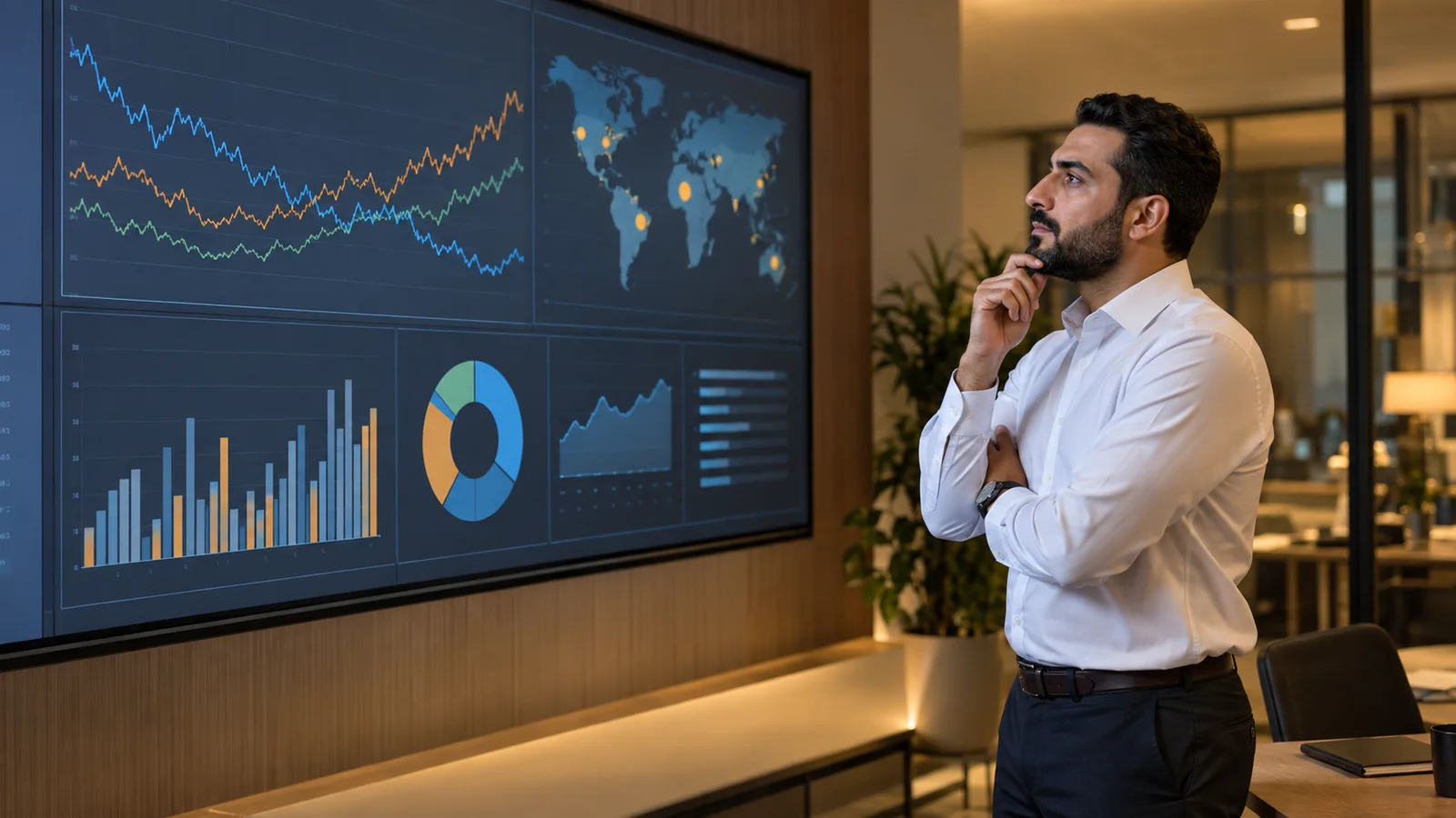 A procurement analyst studying dashboard charts tracking commodity price trends on a wall screen, warm interior light