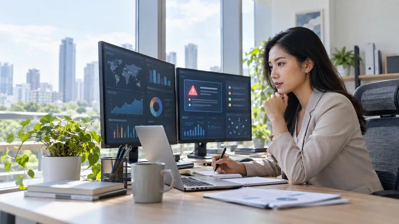 A procurement analyst studying dashboard charts reviewing an abstract procurement alert surfaced by an AI assistant, bright daylight through the windows