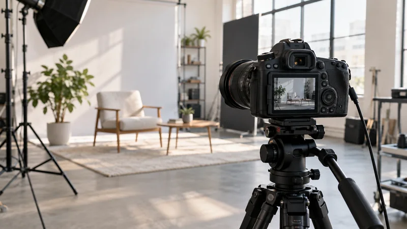 Close, clean detail of the a DSLR camera on a tripod facing a shoot set, bright daylight through the windows, no people in frame