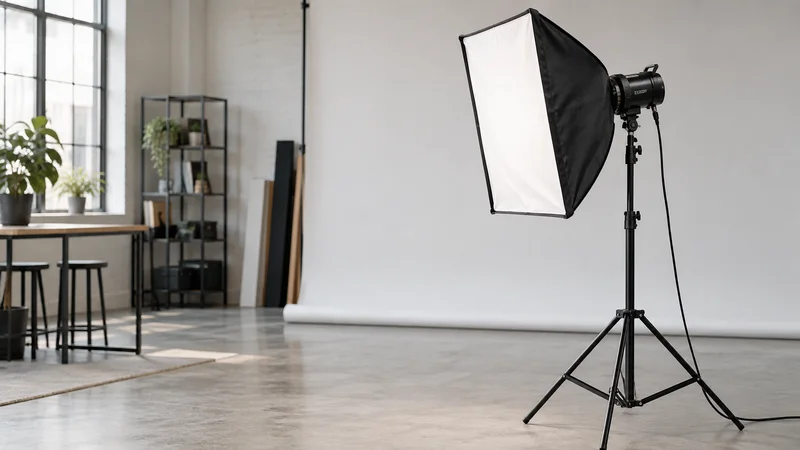 Close, clean detail of the a studio softbox lighting rig on a stand, soft even indoor light, no people in frame
