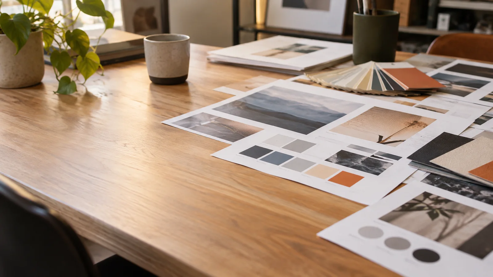 Close, clean detail of the printed campaign proofs spread across a table, warm interior light, no people in frame