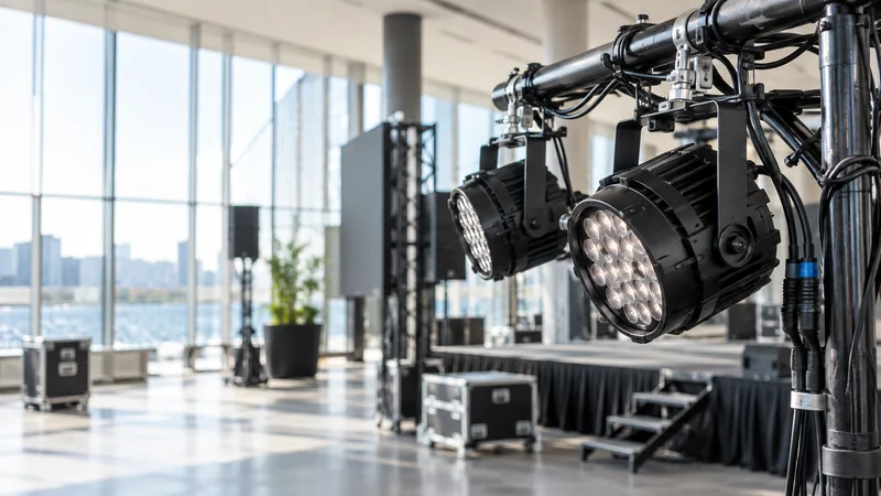 Close, clean detail of the an event lighting and AV rig being set up, bright daylight through the windows, no people in frame