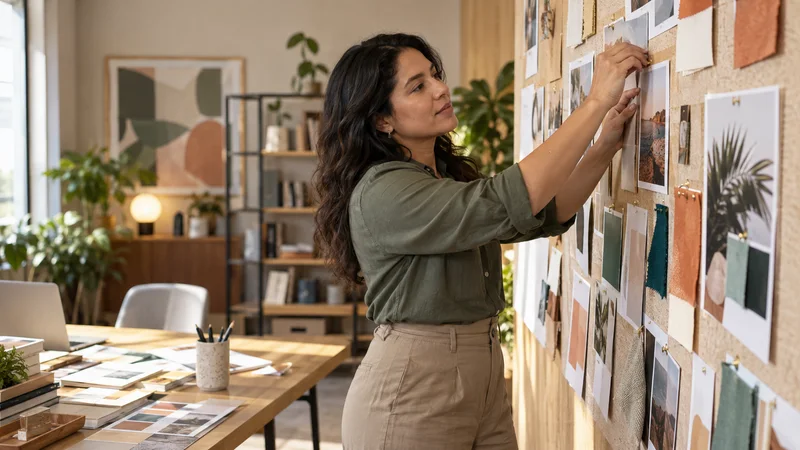 A marketing strategist pinning campaign concepts on a mood board, warm interior light