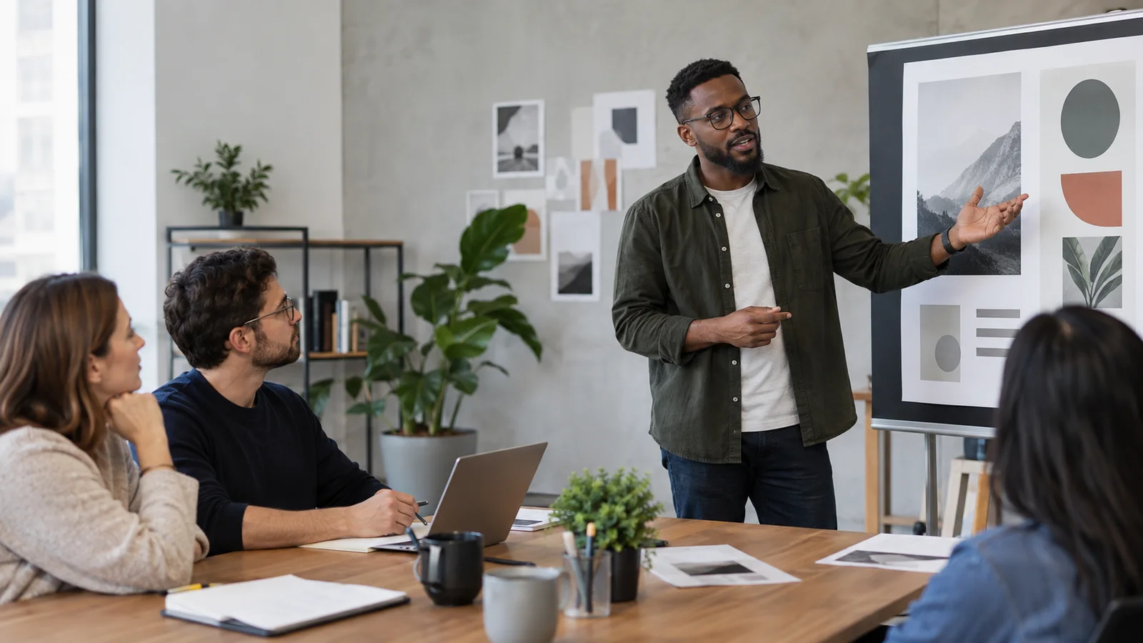 A marketing strategist presenting an ad mockup to the team, soft even indoor light