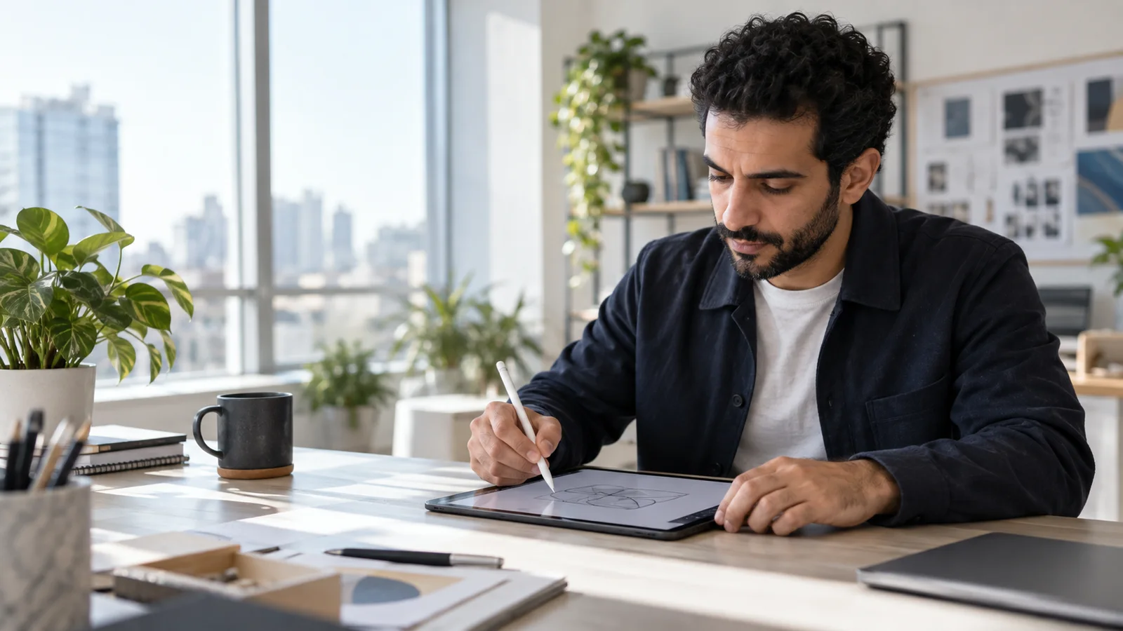 A marketing strategist sketching a logo concept on a tablet, bright daylight through the windows
