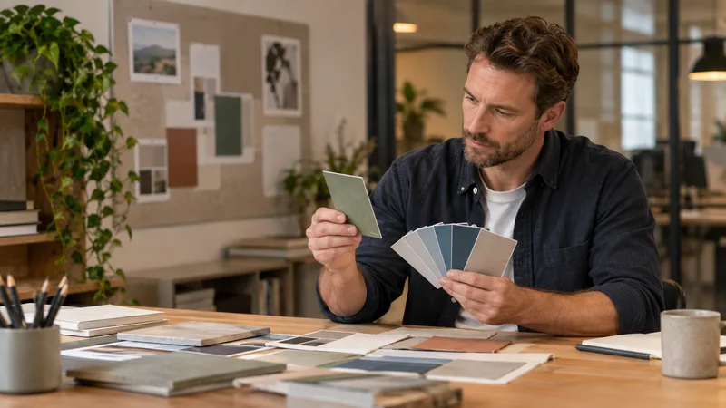 A marketing strategist reviewing brand colours and swatches, warm interior light
