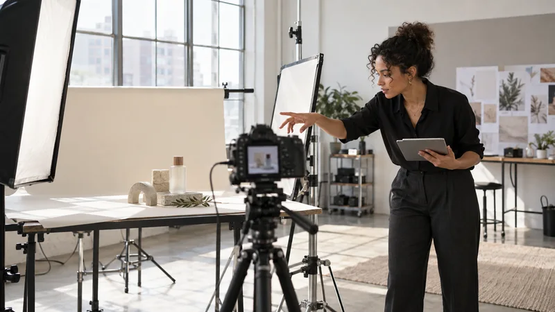 A marketing strategist art-directing a product photo shoot on set, bright daylight through the windows