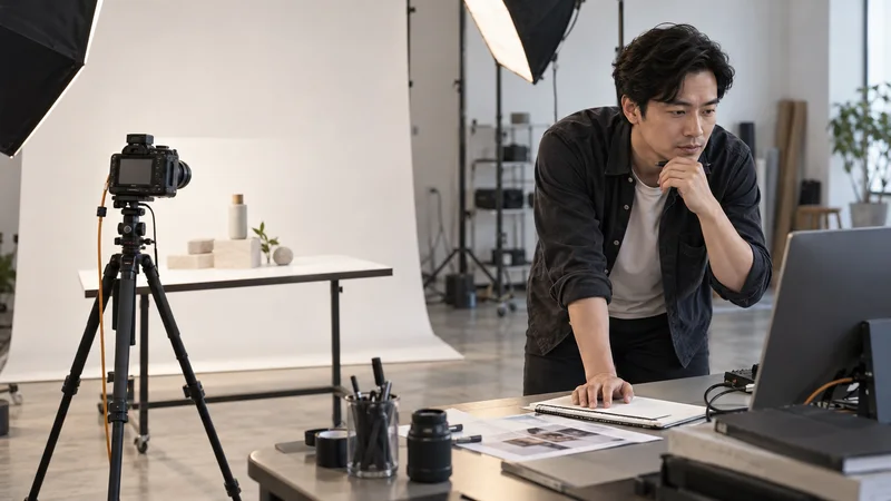 A marketing strategist art-directing a product photo shoot on set, soft even indoor light