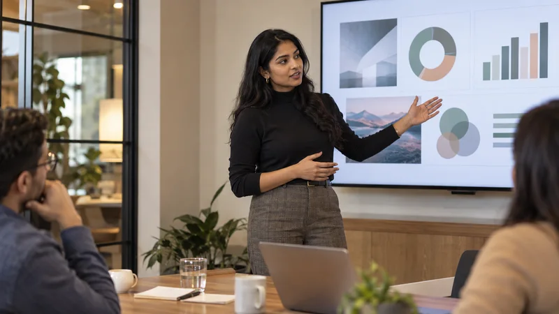 A marketing strategist presenting a campaign strategy deck to a client, warm interior light