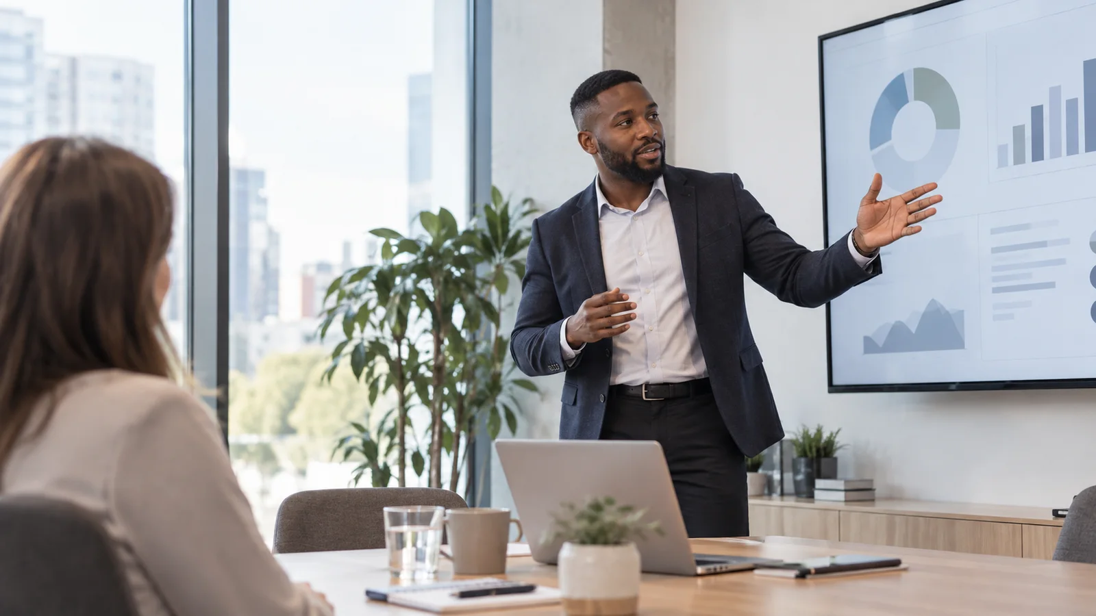 A marketing strategist presenting a campaign strategy deck to a client, bright daylight through the windows